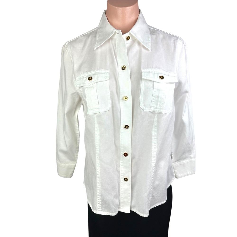 Ivy Hill Size L White Blouse Button Front Long Sleeve Collared 100% Cotton